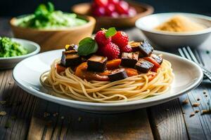 spaghetti with eggplant, mushrooms and tomatoes. AI-Generated photo