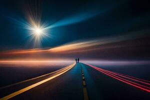 un hombre y mujer caminando en un la carretera a noche. generado por ai foto