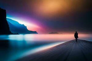 un hombre en pie en el playa a noche con un vistoso cielo. generado por ai foto