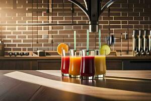 three glasses of juice sit on a table in a kitchen. AI-Generated photo