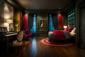 a bedroom with red and black decor and a piano. AI-Generated photo