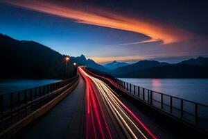 a long exposure photograph of a bridge with light trails. AI-Generated photo