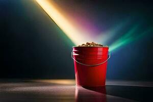 a red bucket filled with popcorn on a dark table. AI-Generated photo