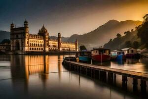 boats docked at the pier in front of a building. AI-Generated photo