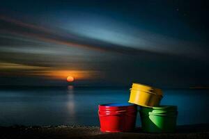 three buckets sit on the beach at night. AI-Generated photo