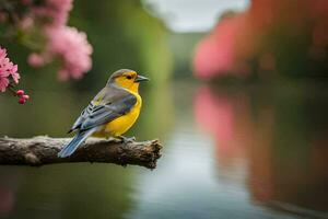 a yellow bird sits on a branch near a lake. AI-Generated photo