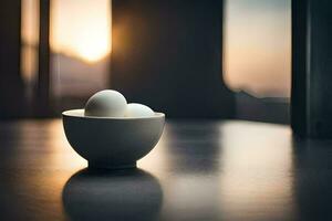 two eggs in a bowl on a table. AI-Generated photo