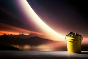 un Cubeta de rocas sentado en un mesa en frente de un puesta de sol. generado por ai foto