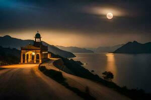 un Iglesia en el lado de un montaña con vista a el océano. generado por ai foto