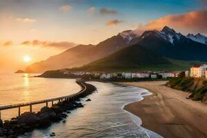 el Dom conjuntos terminado un playa y montañas. generado por ai foto