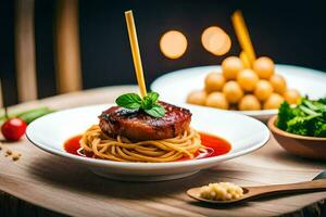 a plate of spaghetti with meat and vegetables. AI-Generated photo