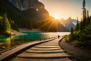 a wooden walkway leads to a lake and mountains. AI-Generated photo