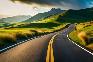 un la carretera en el medio de un verde campo. generado por ai foto