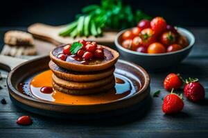 pancakes with strawberries and tomatoes on a plate. AI-Generated photo