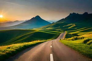 un la carretera líder a un montaña con el Dom ajuste detrás él. generado por ai foto