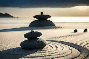 zen piedras en el arena a puesta de sol. generado por ai foto