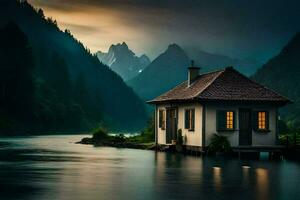 photo wallpaper the sky, mountains, house, lake, the house, the lake, the mountains. AI-Generated