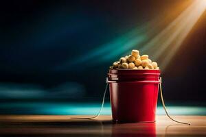 a red bucket filled with peanuts on a table. AI-Generated photo