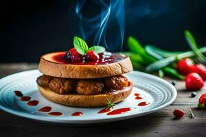 a sandwich with meatballs and sauce on a plate. AI-Generated photo