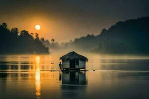 un pequeño choza se sienta en el agua a amanecer. generado por ai foto