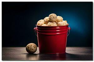 a red bucket filled with cookies on a table. AI-Generated photo