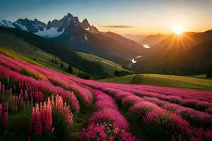 the sun rises over a field of pink flowers in the mountains. AI-Generated photo