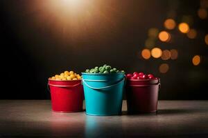 three buckets of cherries on a table. AI-Generated photo