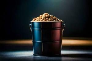 a bucket full of peanuts on a dark background. AI-Generated photo