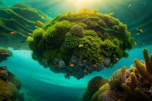a large green ball floating in the ocean with coral and fish. AI-Generated photo