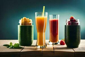 three glasses of juice on a wooden table. AI-Generated photo