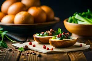 two small bowls filled with food on a wooden table. AI-Generated photo