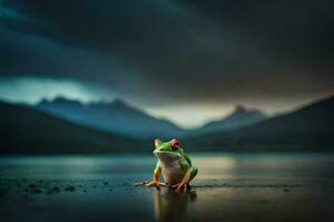 a frog sitting on the shore of a lake with mountains in the background. AI-Generated photo