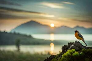 un pájaro se sienta en un Iniciar sesión en frente de un lago y montañas. generado por ai foto