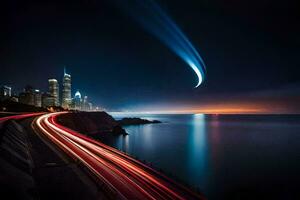 a long exposure photograph of a city skyline and a long exposure of a car driving on the road. AI-Generated photo