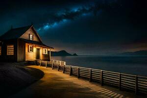 a cabin on the beach at night with the milky above. AI-Generated photo