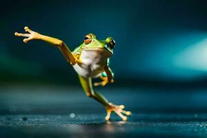 a frog jumping in the air with its legs spread. AI-Generated photo