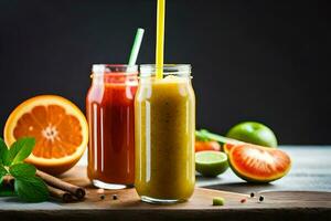two glasses of smoothies with oranges, lime and mint. AI-Generated photo