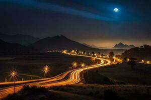 un largo exposición foto de un la carretera a noche con un lleno Luna. generado por ai