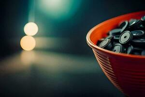 a red bowl filled with black buttons. AI-Generated photo