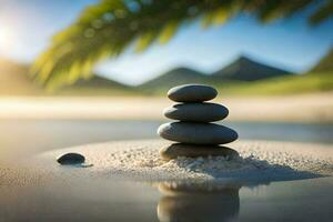 apilado piedras en el playa con palma árbol en el antecedentes. generado por ai foto