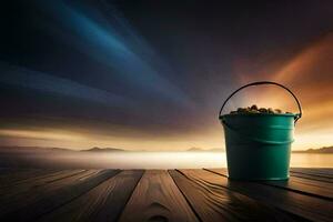 a bucket of peanuts on a wooden deck overlooking the ocean. AI-Generated photo