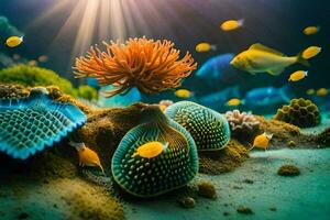 photo wallpaper sea, coral, fish, the sun, the sea, the sun, the sea. AI-Generated