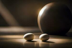 two eggs sit on a table next to a large egg. AI-Generated photo