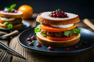 a sandwich with meat, tomatoes and cheese on a plate. AI-Generated photo