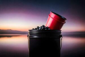 a bucket filled with blueberries and a red bucket. AI-Generated photo