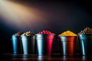 five buckets of different colored food in front of a light. AI-Generated photo