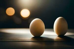 two eggs on a table with a light behind them. AI-Generated photo