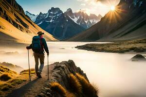 a man with a backpack and trek poles walks along a trail in the mountains. AI-Generated photo