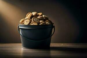 a bucket filled with cookies on a wooden table. AI-Generated photo