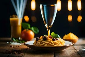 spaghetti with orange sauce and orange juice on a plate. AI-Generated photo